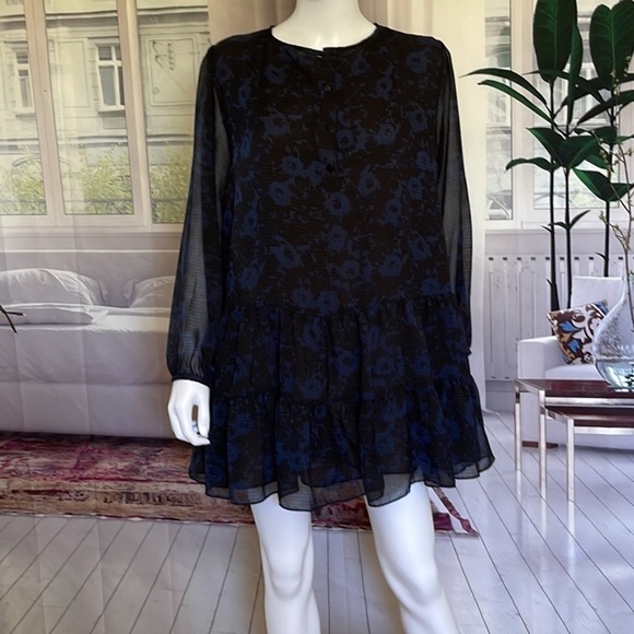 ZARA Long Sleeve Black With Blue Print Chiffon Type Dress. Size L. P4/A - Picture 2 of 9